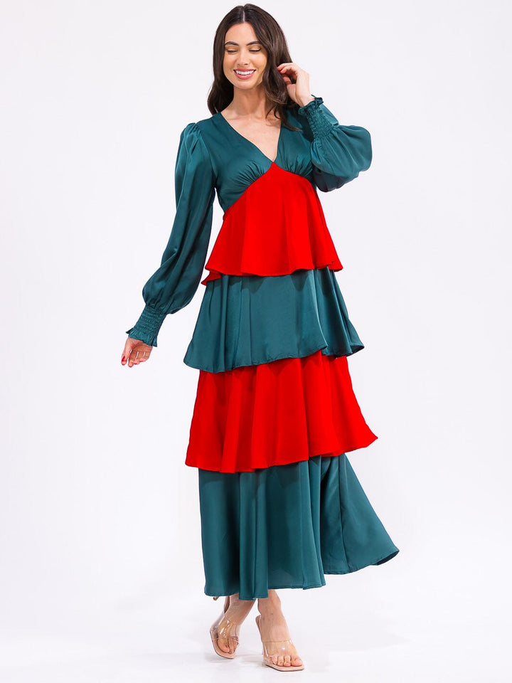 WOMEN'S LONG SLEEVE V-NECK RUFFLE TIERED COLORBLOCK MAXI DRESS