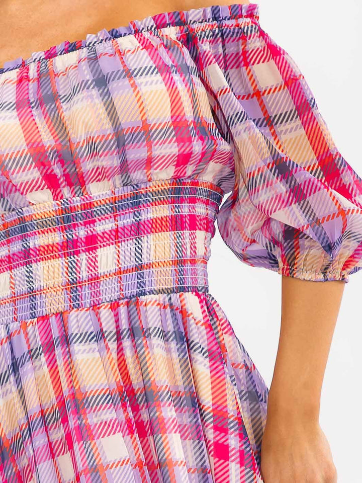 WOMEN'S SHORT PUFF SLEEVE SMOCK WAIST PLAID MAXI DRESS