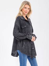 WOMEN'S LONG SLEEVE BUTTON UP FRONT POCKETS WASHED OVERSIZED SHIRT