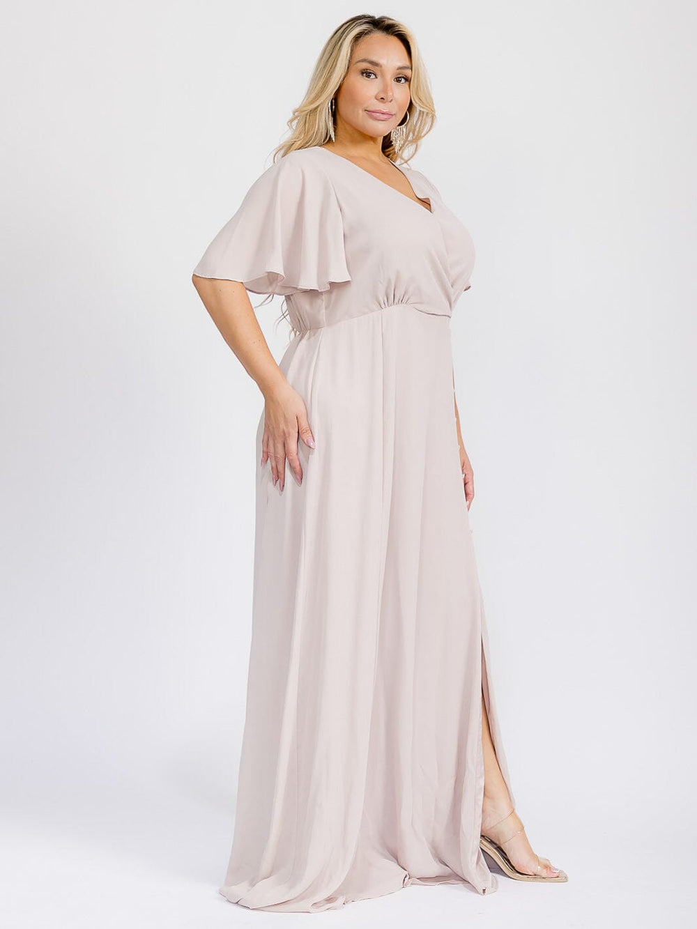PUS SIZE SHORT SLEEVE V-NECK SURPLICE FRONT SLIT MAXI GOWN DRESS