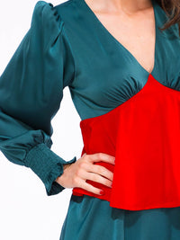 WOMEN'S LONG SLEEVE V-NECK RUFFLE TIERED COLORBLOCK MAXI DRESS