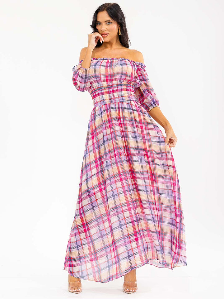 WOMEN'S SHORT PUFF SLEEVE SMOCK WAIST PLAID MAXI DRESS