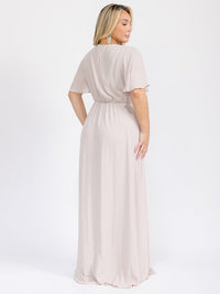 PUS SIZE SHORT SLEEVE V-NECK SURPLICE FRONT SLIT MAXI GOWN DRESS