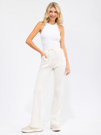 WOMEN'S ELASTIC WAIST SELF TIE POCKETS WAFFLE BELL LEG PANTS