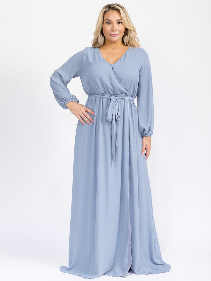 PUS SIZE LONG SLEEVE SELF TIE SURPLICE MAXI GOWN DRESS