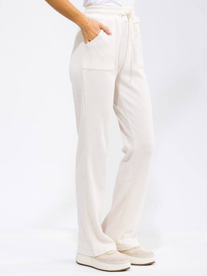 WOMEN'S ELASTIC WAIST SELF TIE POCKETS WAFFLE BELL LEG PANTS