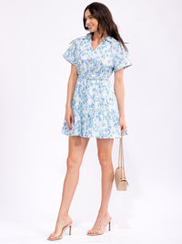 WOMEN'S SHORT SLEEVE V-NECK ELASTIC WAIST BELTED FLORAL PRINT MINI DRESS