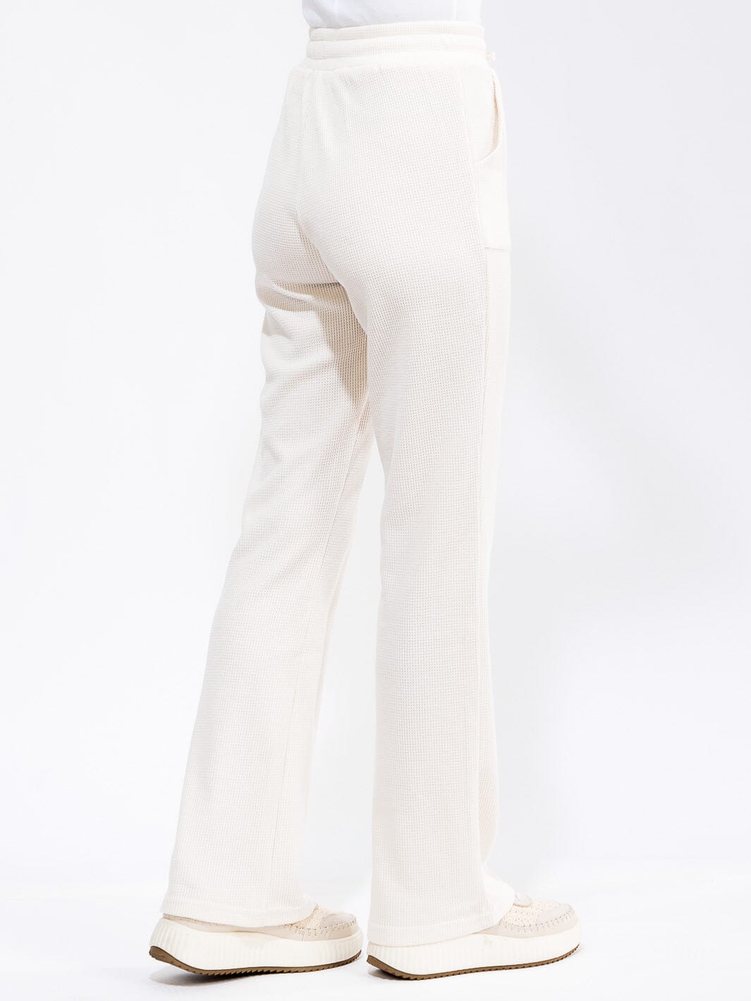 WOMEN'S ELASTIC WAIST SELF TIE POCKETS WAFFLE BELL LEG PANTS