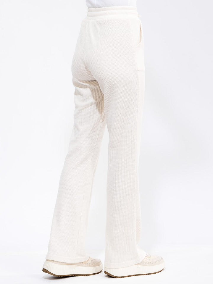 WOMEN'S ELASTIC WAIST SELF TIE POCKETS WAFFLE BELL LEG PANTS