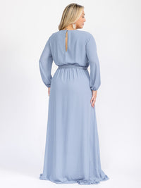PUS SIZE LONG SLEEVE SELF TIE SURPLICE MAXI GOWN DRESS