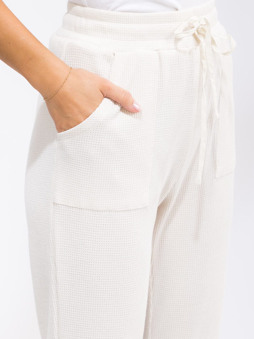 WOMEN'S ELASTIC WAIST SELF TIE POCKETS WAFFLE BELL LEG PANTS