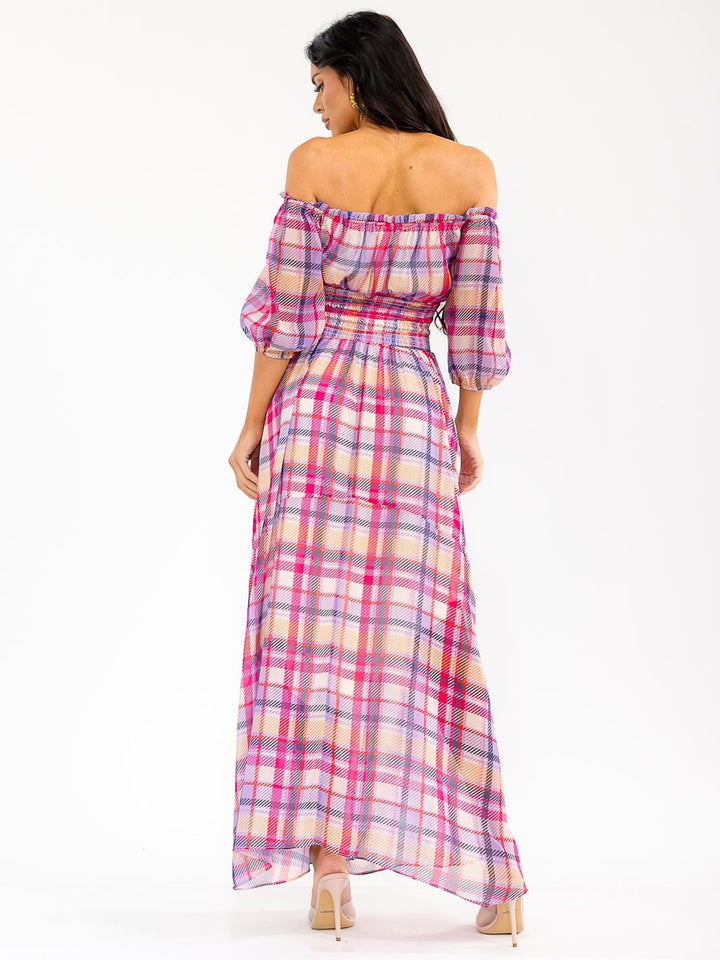 WOMEN'S SHORT PUFF SLEEVE SMOCK WAIST PLAID MAXI DRESS