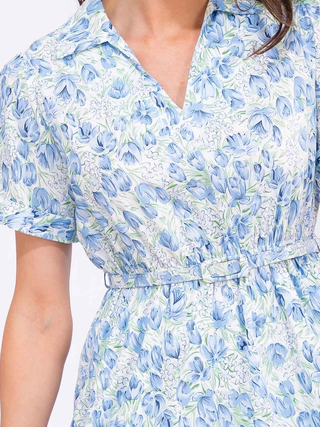 WOMEN'S SHORT SLEEVE V-NECK ELASTIC WAIST BELTED FLORAL PRINT MINI DRESS