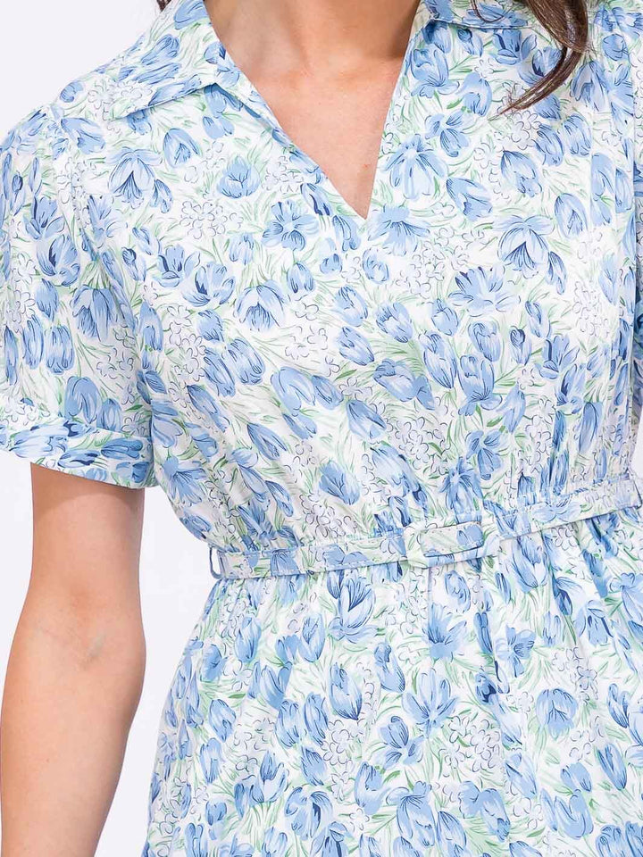 WOMEN'S SHORT SLEEVE V-NECK ELASTIC WAIST BELTED FLORAL PRINT MINI DRESS
