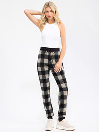 WOMEN'S ELASTIC WAIST SELF TIE PLAID JOGGER PANTS
