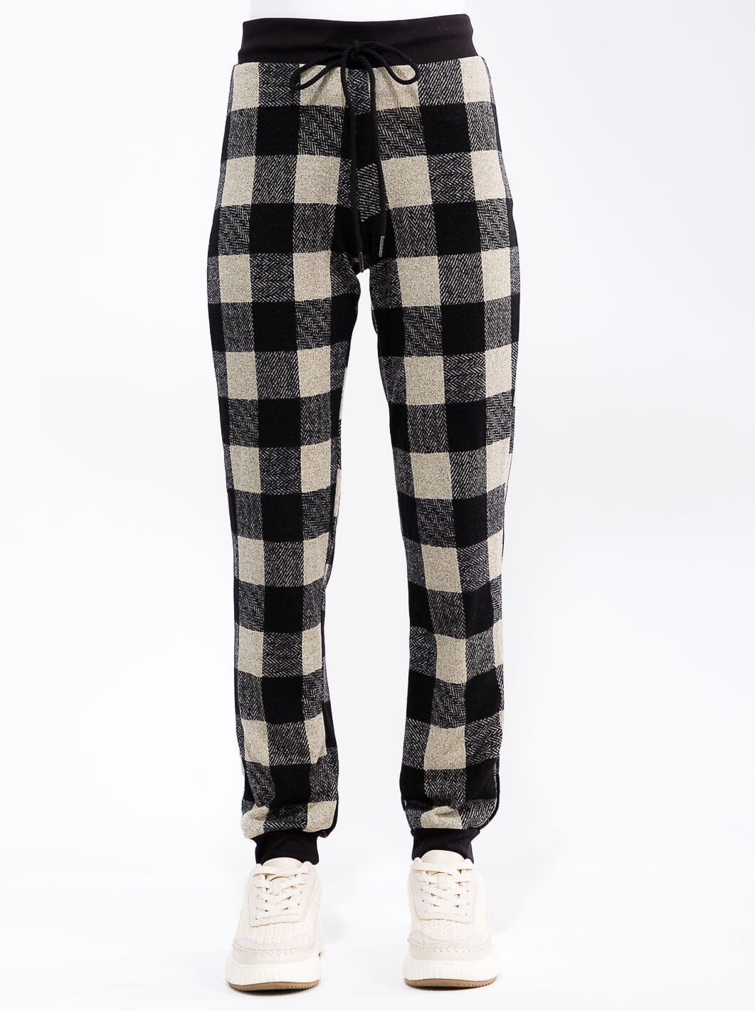 WOMEN'S ELASTIC WAIST SELF TIE PLAID JOGGER PANTS