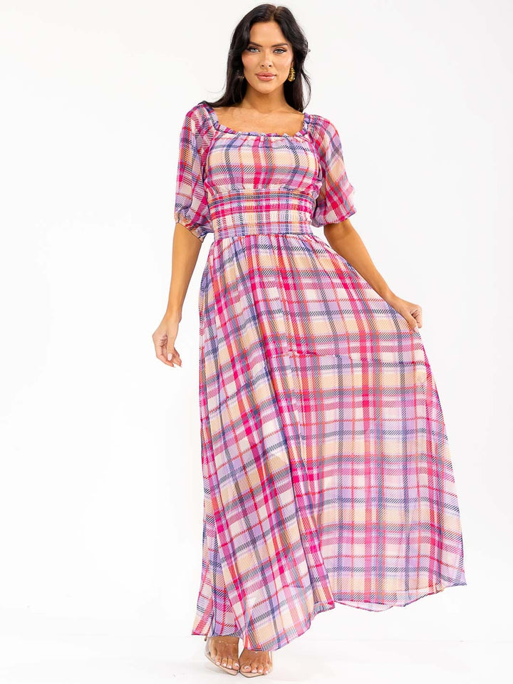 WOMEN'S SHORT PUFF SLEEVE SMOCK WAIST PLAID MAXI DRESS