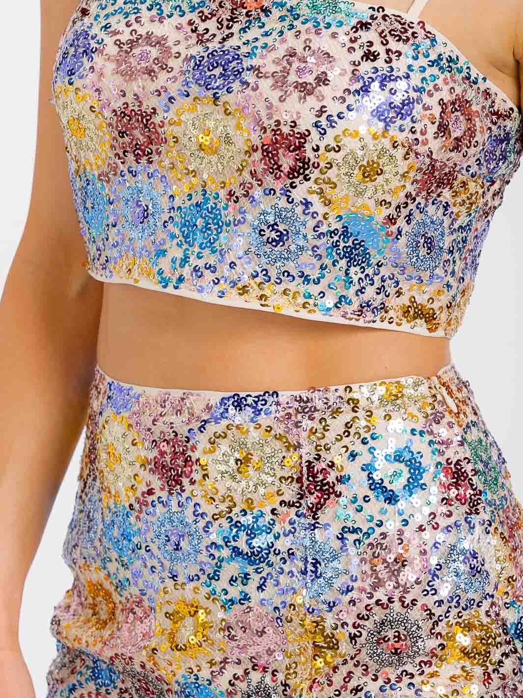 WOMEN'S SLEEVELESS CROP TOP & ZIP UP MINI SKIRT SEQUINS 2PC. SET