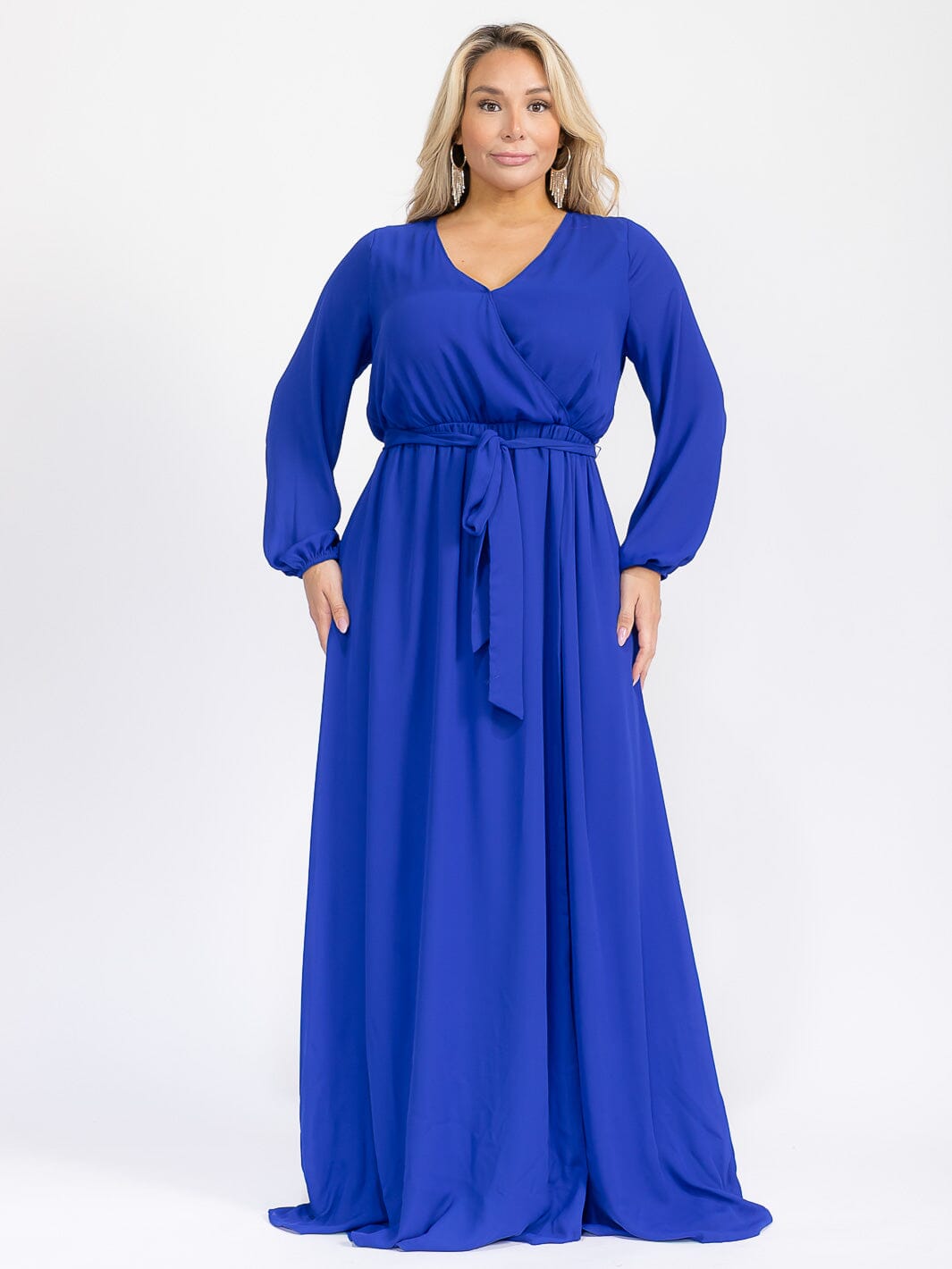 PUS SIZE LONG SLEEVE SELF TIE SURPLICE MAXI GOWN DRESS