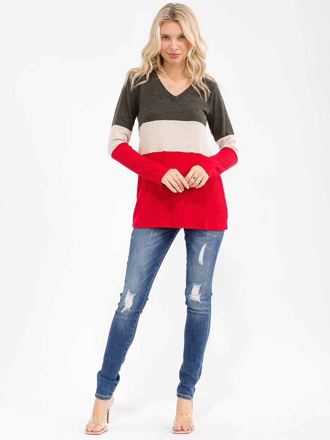 WOMEN'S LONG SLEEVE COLORBLOCK V-NECK LOOSE FIT TOP