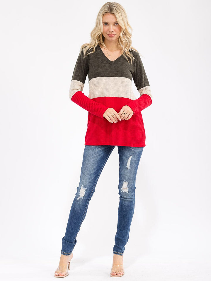 WOMEN'S LONG SLEEVE COLORBLOCK V-NECK LOOSE FIT TOP