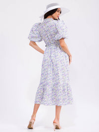 WOMEN'S SHORT SLEEVE ELASTIC WAIST BELTED POCKETS FLORAL PRINT MAXI DRESS
