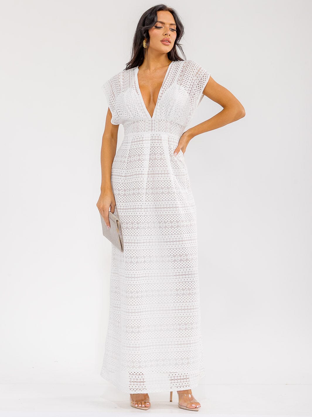 WOMEN'S SHORT SLEEVE V-NECK LACE DETAILED MAXI DRESS