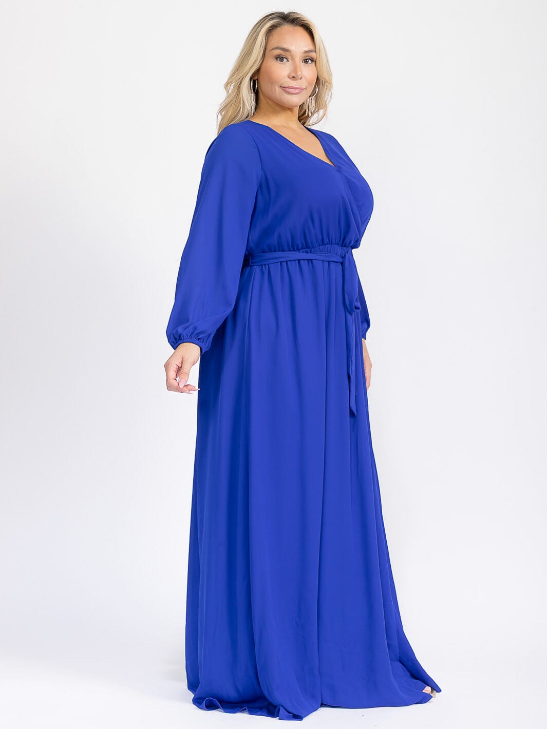 PUS SIZE LONG SLEEVE SELF TIE SURPLICE MAXI GOWN DRESS