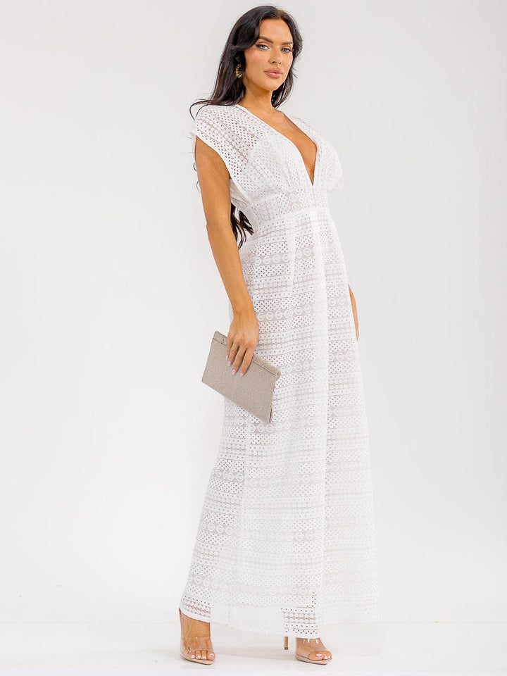 WOMEN'S SHORT SLEEVE V-NECK LACE DETAILED MAXI DRESS