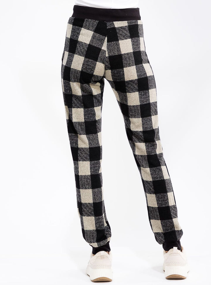 WOMEN'S ELASTIC WAIST SELF TIE PLAID JOGGER PANTS