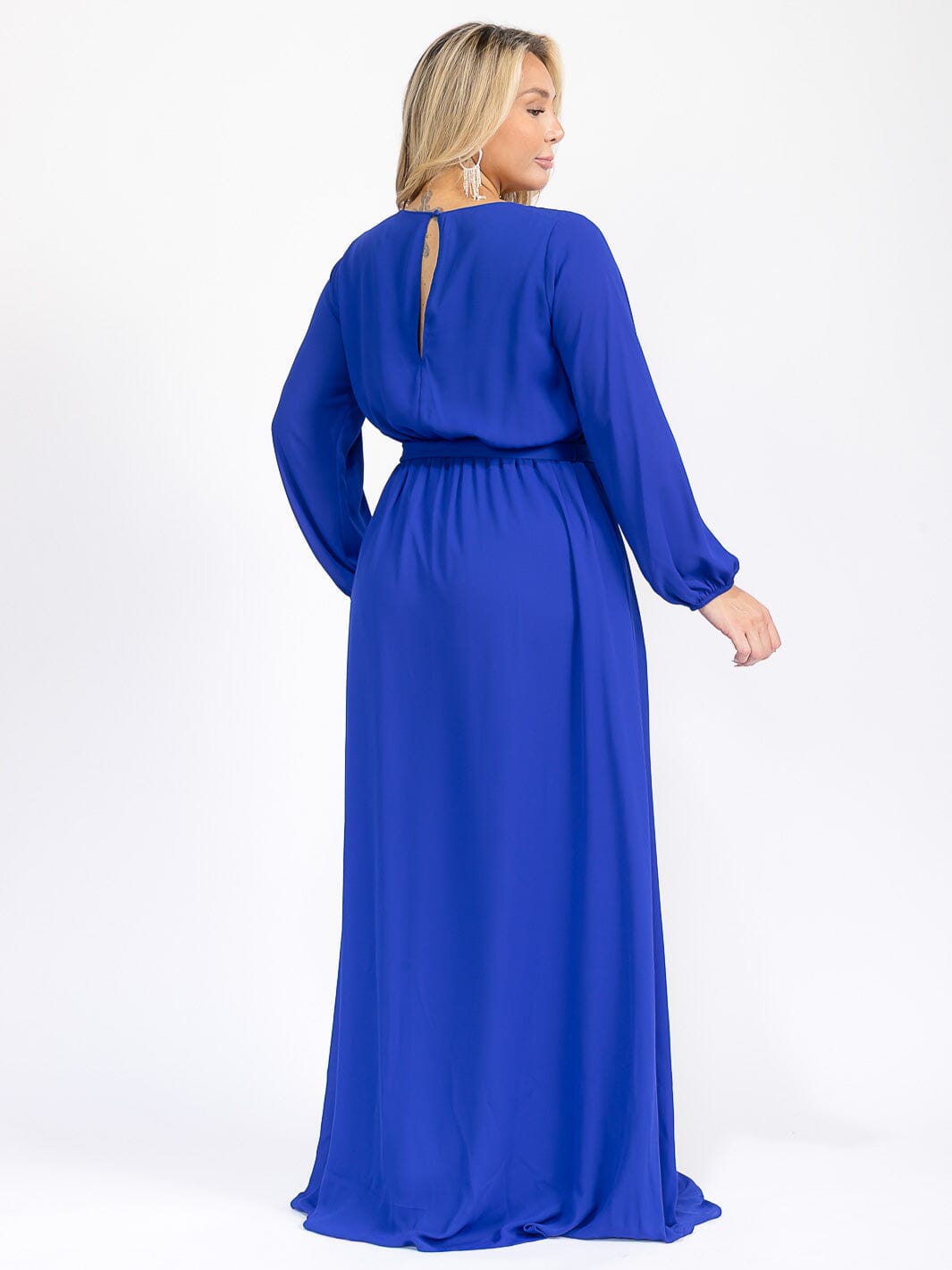 PUS SIZE LONG SLEEVE SELF TIE SURPLICE MAXI GOWN DRESS