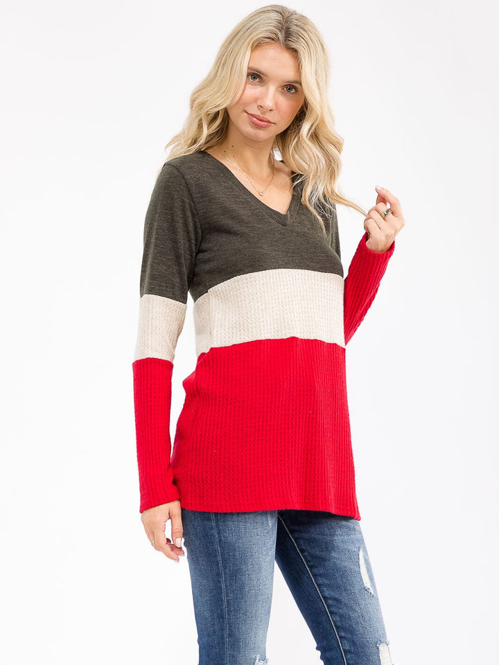 WOMEN'S LONG SLEEVE COLORBLOCK V-NECK LOOSE FIT TOP