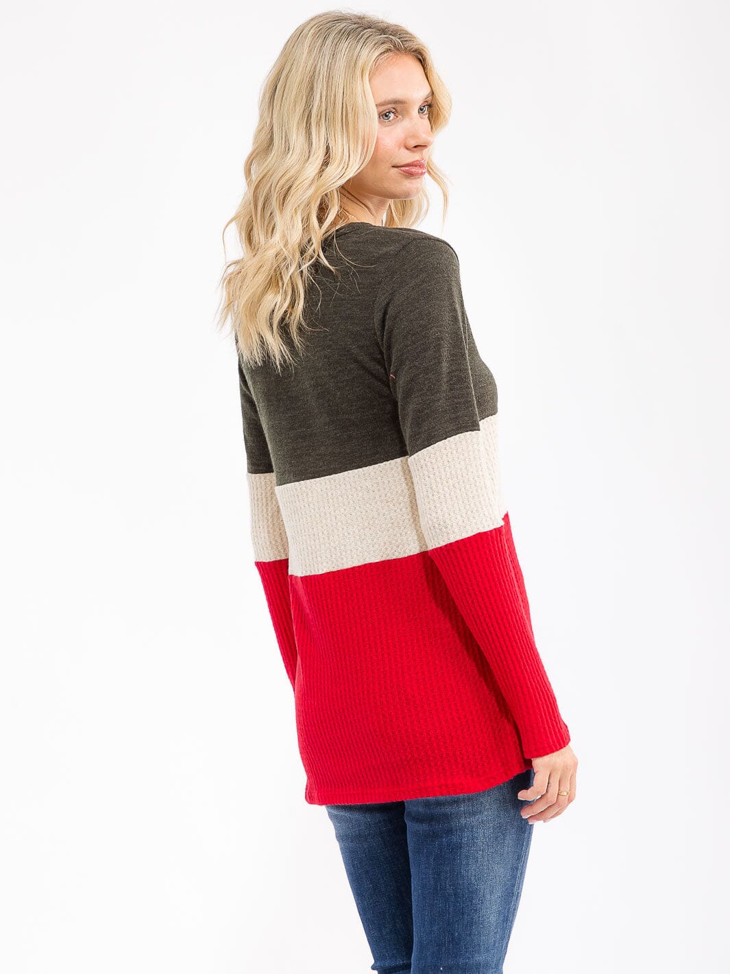 WOMEN'S LONG SLEEVE COLORBLOCK V-NECK LOOSE FIT TOP