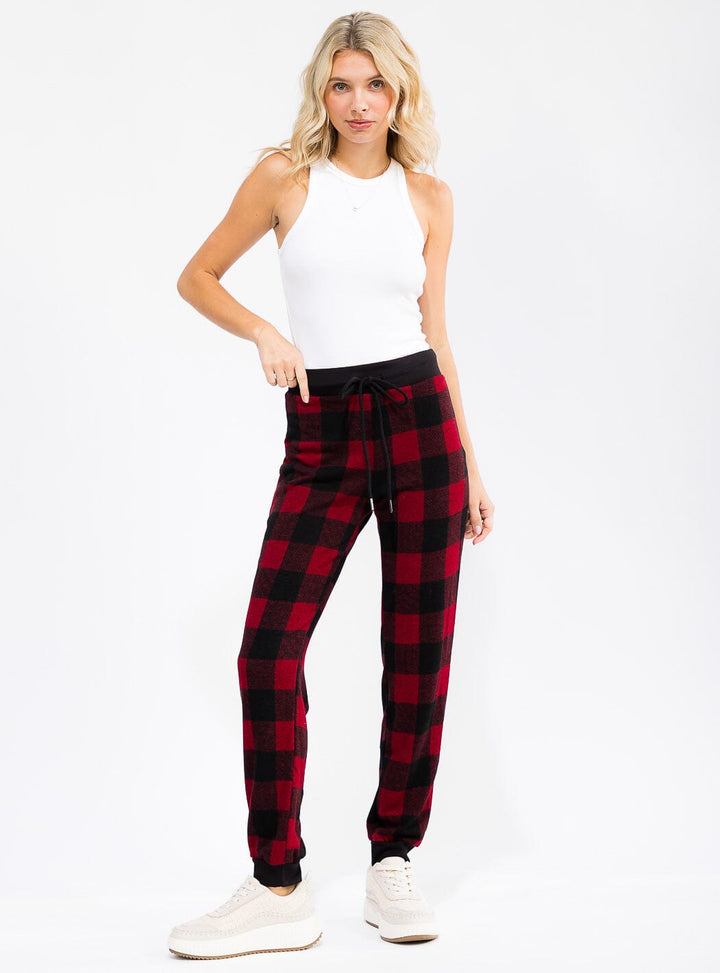 WOMEN'S ELASTIC WAIST SELF TIE PLAID JOGGER PANTS