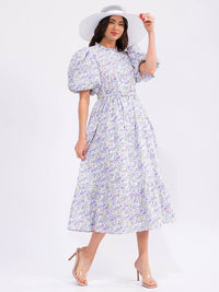 WOMEN'S SHORT SLEEVE ELASTIC WAIST BELTED POCKETS FLORAL PRINT MAXI DRESS