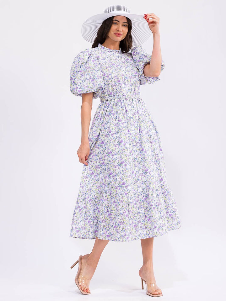 WOMEN'S SHORT SLEEVE ELASTIC WAIST BELTED POCKETS FLORAL PRINT MAXI DRESS