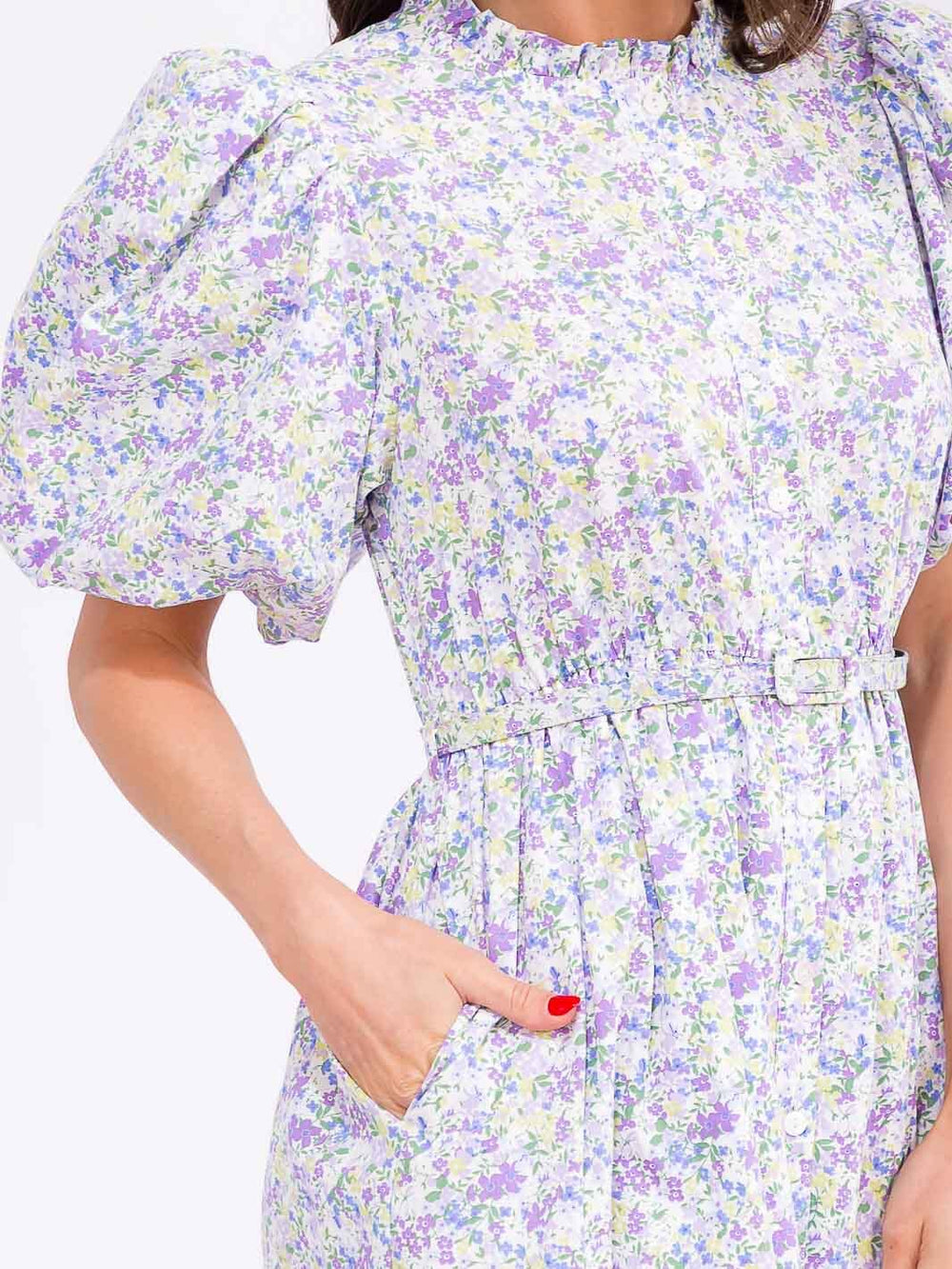 WOMEN'S SHORT SLEEVE ELASTIC WAIST BELTED POCKETS FLORAL PRINT MAXI DRESS