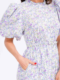 WOMEN'S SHORT SLEEVE ELASTIC WAIST BELTED POCKETS FLORAL PRINT MAXI DRESS