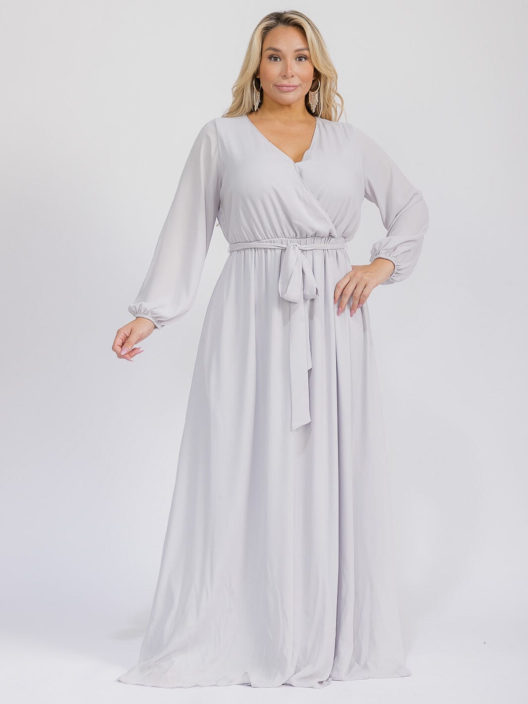 PUS SIZE LONG SLEEVE SELF TIE SURPLICE MAXI GOWN DRESS