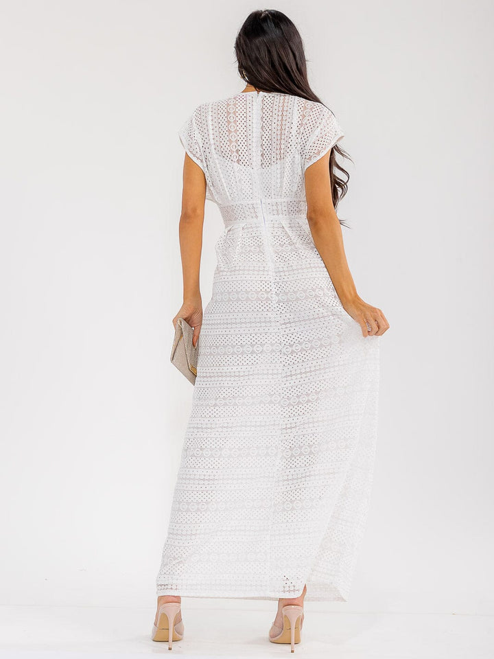 WOMEN'S SHORT SLEEVE V-NECK LACE DETAILED MAXI DRESS