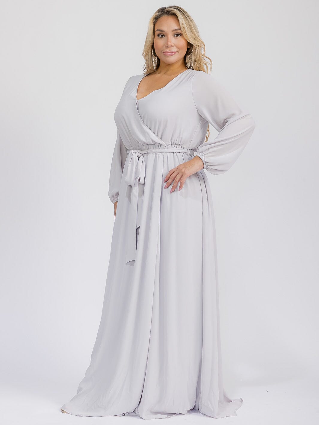 PUS SIZE LONG SLEEVE SELF TIE SURPLICE MAXI GOWN DRESS