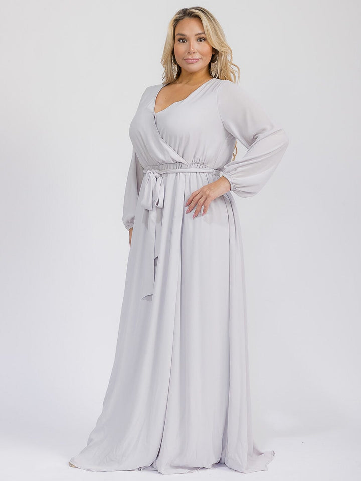 PUS SIZE LONG SLEEVE SELF TIE SURPLICE MAXI GOWN DRESS