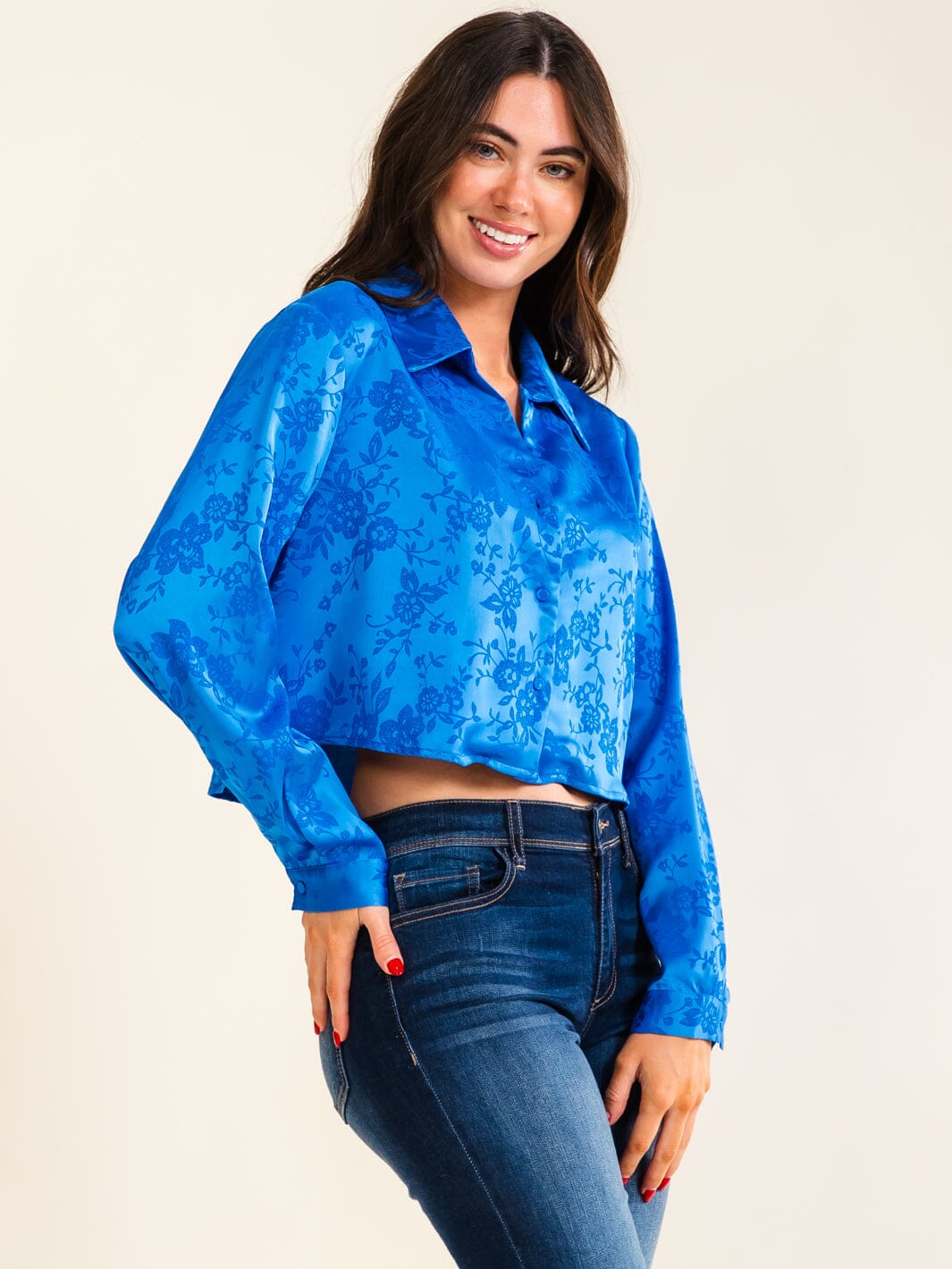 ENTRO WOMEN'S LONG SLEEVE BUTTON UP FLORAL PRINT BLOUSE