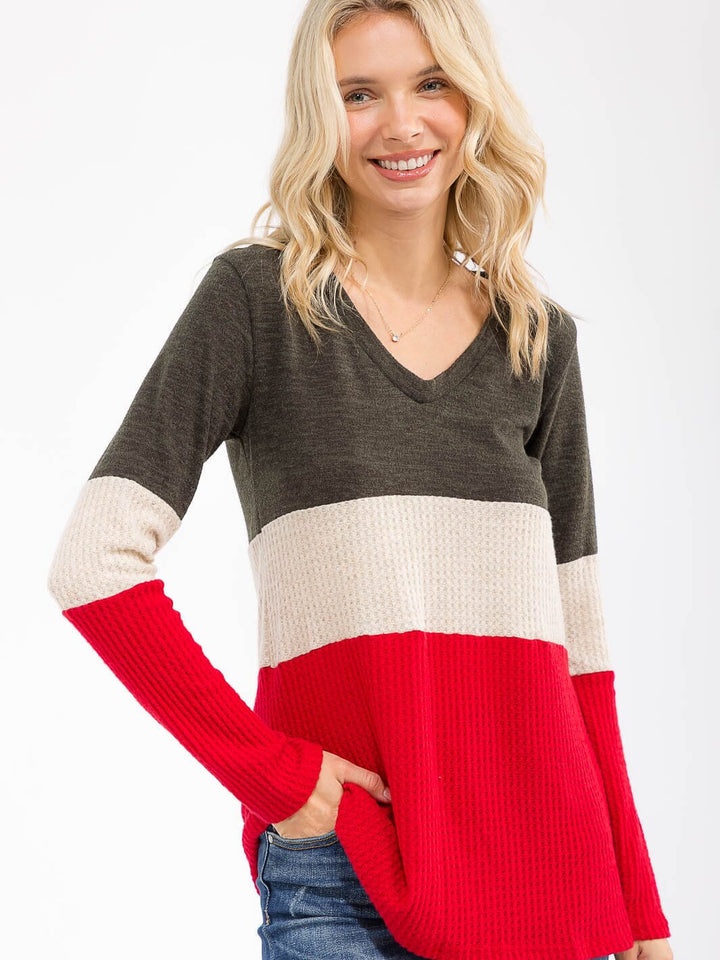 WOMEN'S LONG SLEEVE COLORBLOCK V-NECK LOOSE FIT TOP