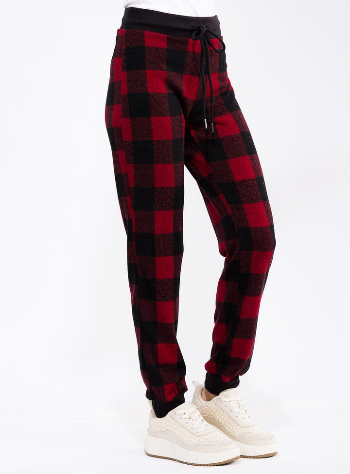 WOMEN'S ELASTIC WAIST SELF TIE PLAID JOGGER PANTS