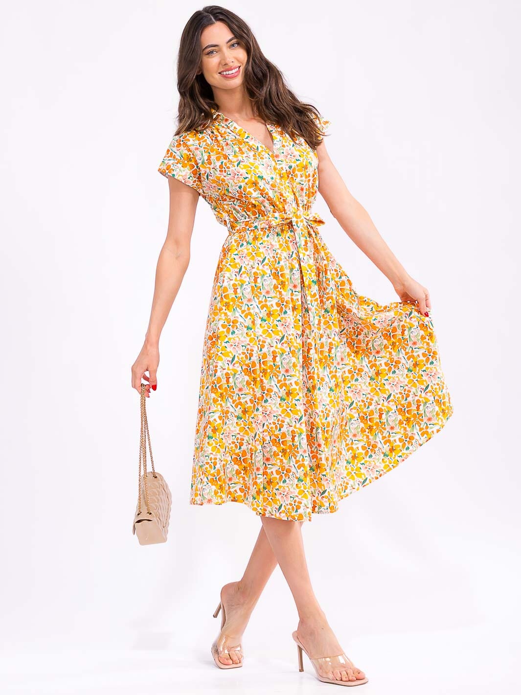 WOMEN'S SHORT SLEEVE V-NECK ELASTIC WAIST BELTED POCKETS FLORAL PRINT MIDI DRESS
