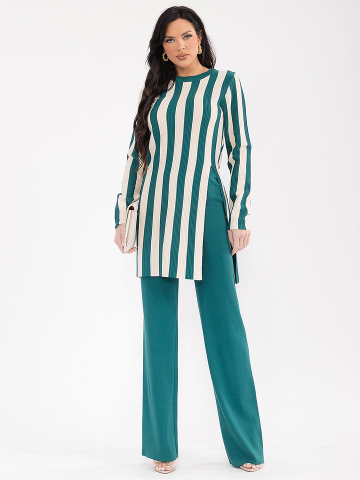 WOMEN'S LONG SLEEVE SLIT TOP & ELASTIC WAIST PANTS COLORBLOCK RIBBED 2PC. SET
