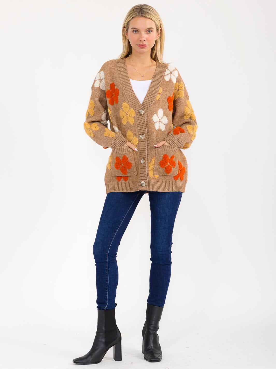 WOMEN'S LONG SLEEVE BUTTON CLOSURE FRONT POCKETS FLORAL CARDIGAN