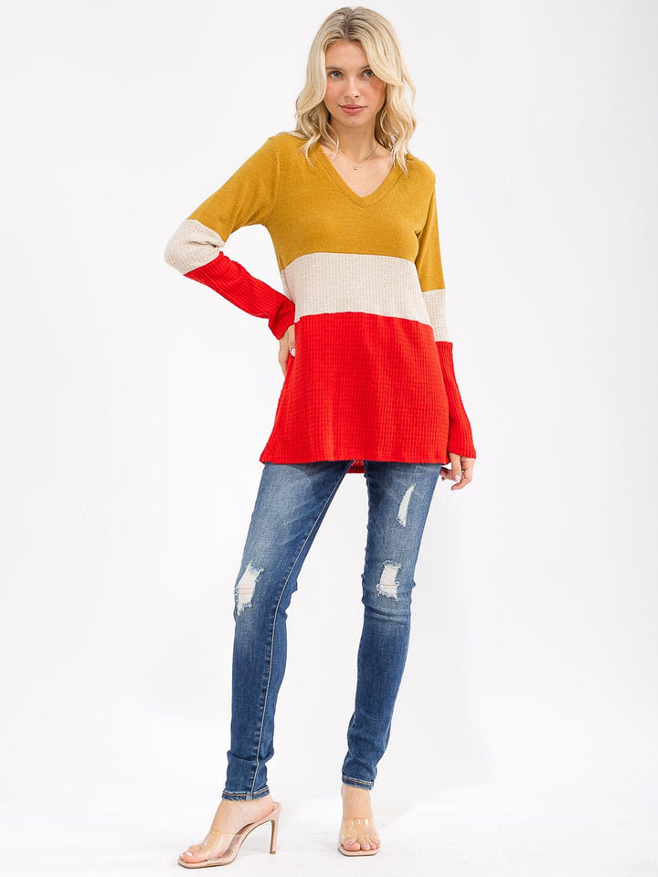 WOMEN'S LONG SLEEVE COLORBLOCK V-NECK LOOSE FIT TOP