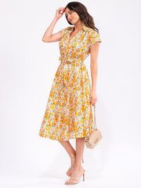 WOMEN'S SHORT SLEEVE V-NECK ELASTIC WAIST BELTED POCKETS FLORAL PRINT MIDI DRESS